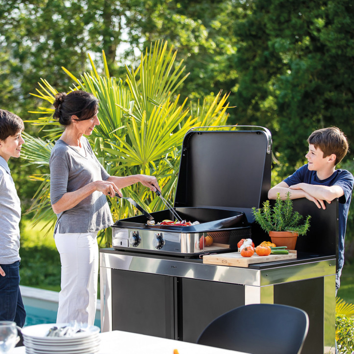 Plancha gaz Enosign 80 inox et noir sur chariot