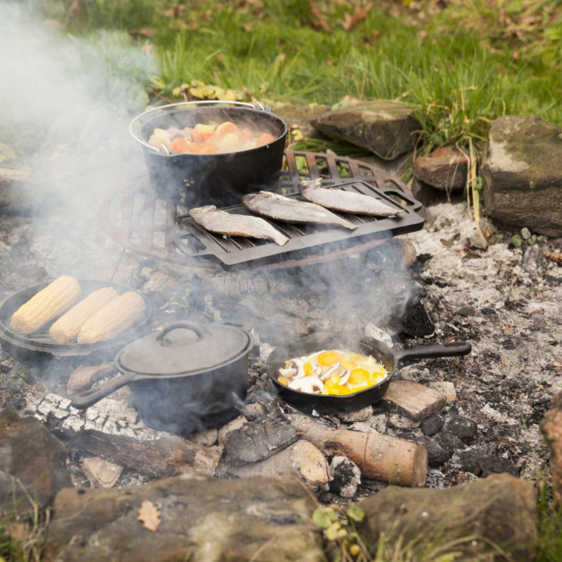 Grille de cuisson rotative feu de camp en fonte avec poignée en bois et  porte-pot