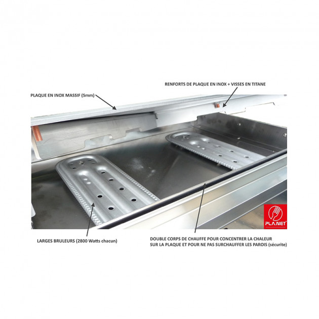 Plancha encastrable gaz avec couvercle Planet 2 feux inox