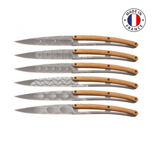 Coffret 6 couteaux de table Deejo titane, olivier/art déco