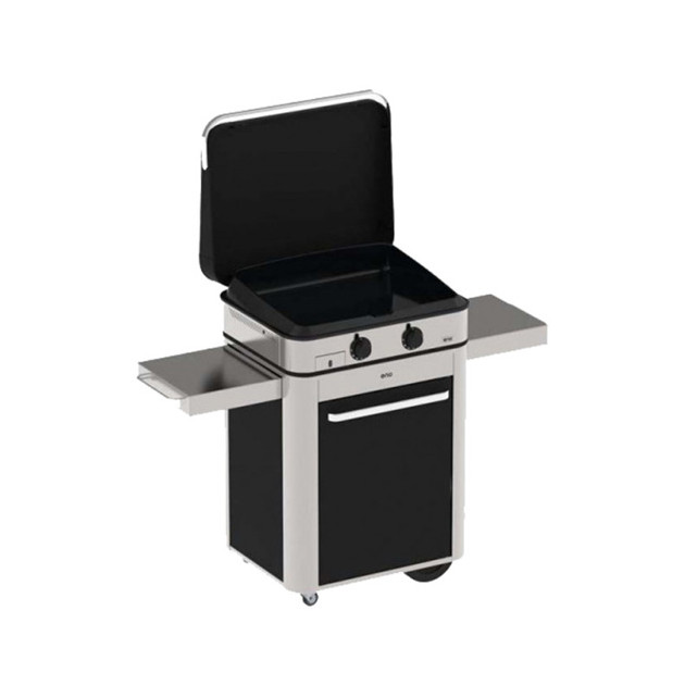 Ensemble plancha gaz Enosign 65 inox et noir avec capot sur chariot inox et noir Eno