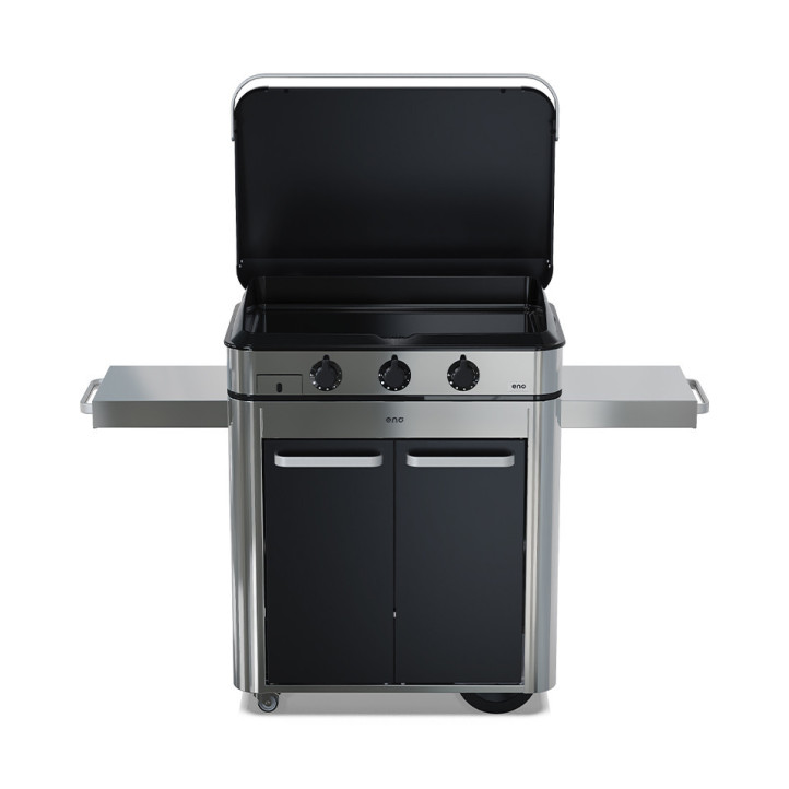 Plancha gaz Enosign 80 inox et noir sur chariot + capot