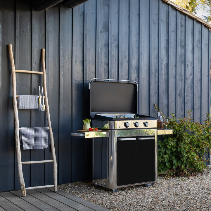 Plancha gaz Enosign 80 inox et noir sur chariot + capot
