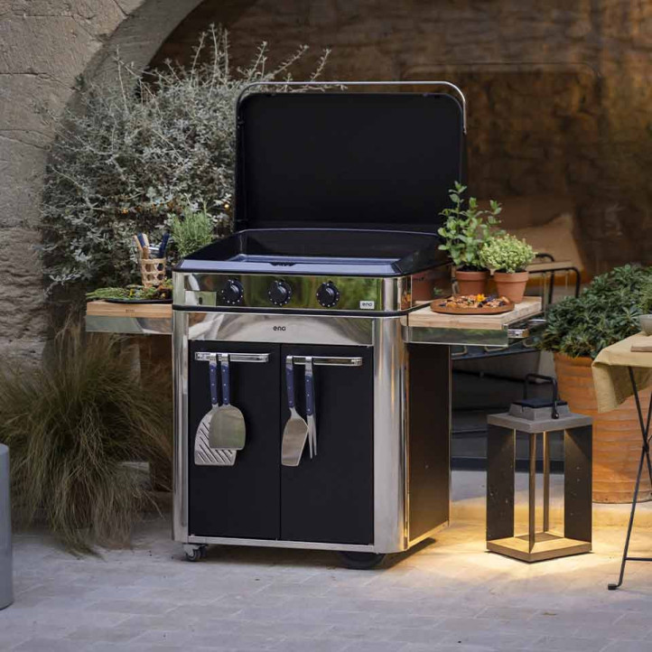 Plancha gaz Enosign 80 inox et noir sur chariot + capot