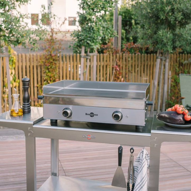 Ensemble plancha électrique Krampouz Design Double + Chariot Inox + Capot