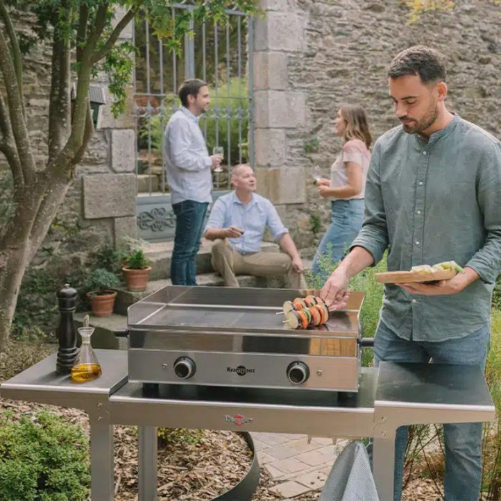 Ensemble plancha électrique Krampouz Design Double + Chariot Inox + Capot