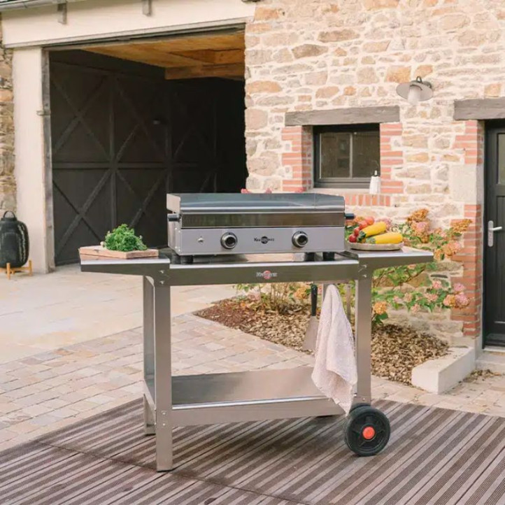 Ensemble Plancha Gaz Krampouz Design Double + Chariot Inox + Capot