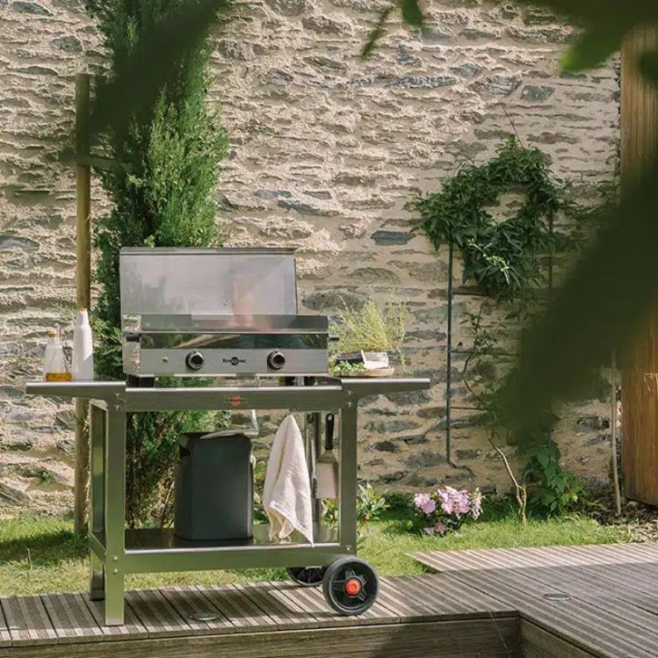 Ensemble Plancha Gaz Krampouz Design Double + Chariot Inox + Capot