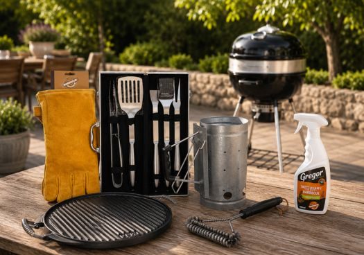 Barbecue à charbon + accessoires dans un jardin